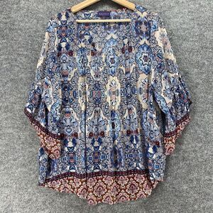 Artesia Blouse Women L Large Blue Geometric V-Neck 3/4 Sleeve Pullover Casual